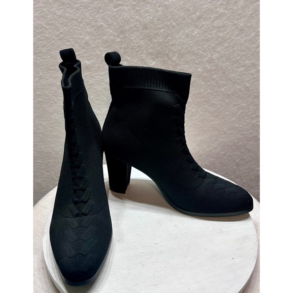 Black Knit Sock Ankle Boots Block Heel Pointed Toe Stretch Size 37